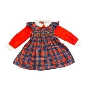 Beautiful Vintage Pioneer‎ Girls Hand Smocked Dress Belted Size 5 Red plaid
